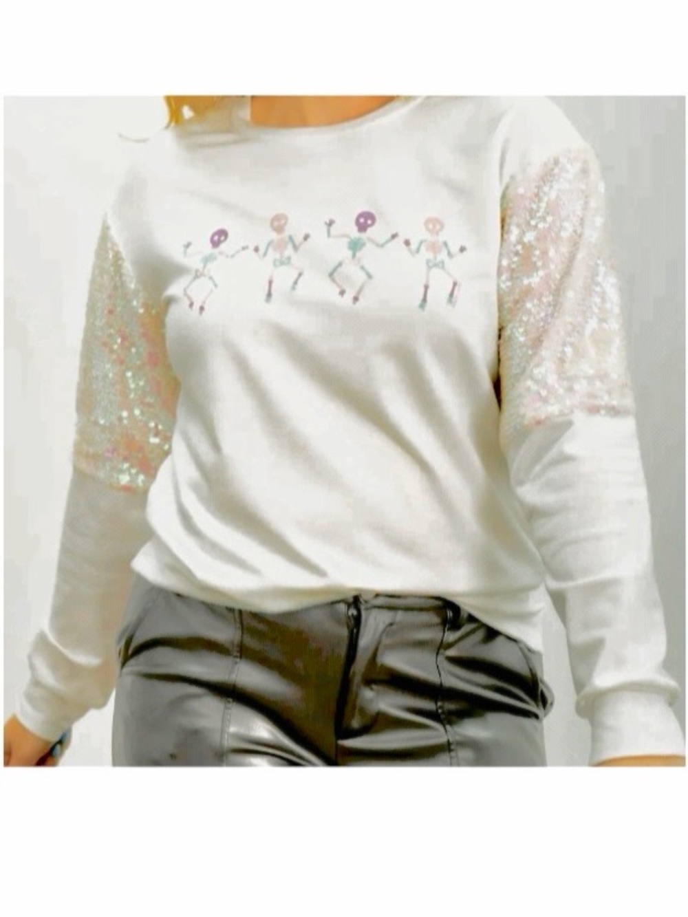 Dancing Skeletons sequins balloon sleeve Halloween Top